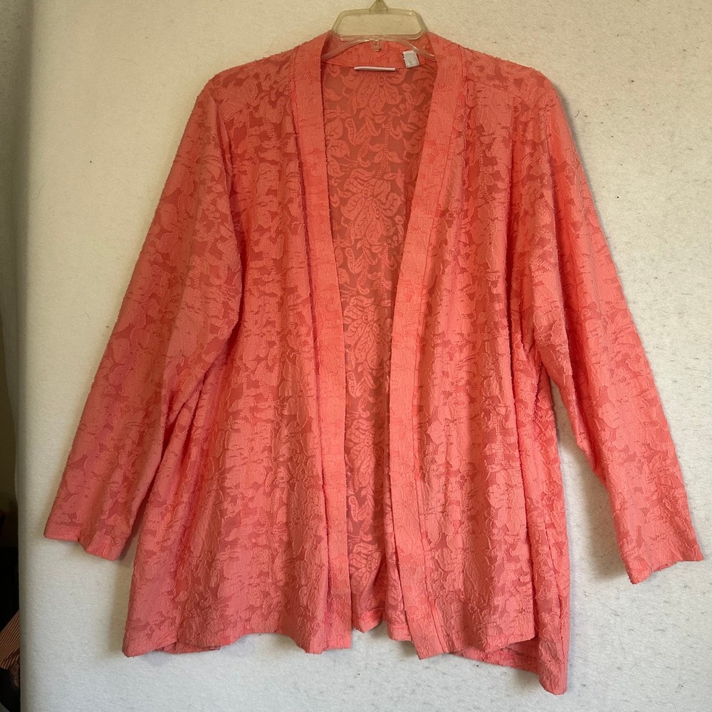 Susan Graver Coral Pink Floral Jacquard Open Front Cardigan Petite‎ 2XP